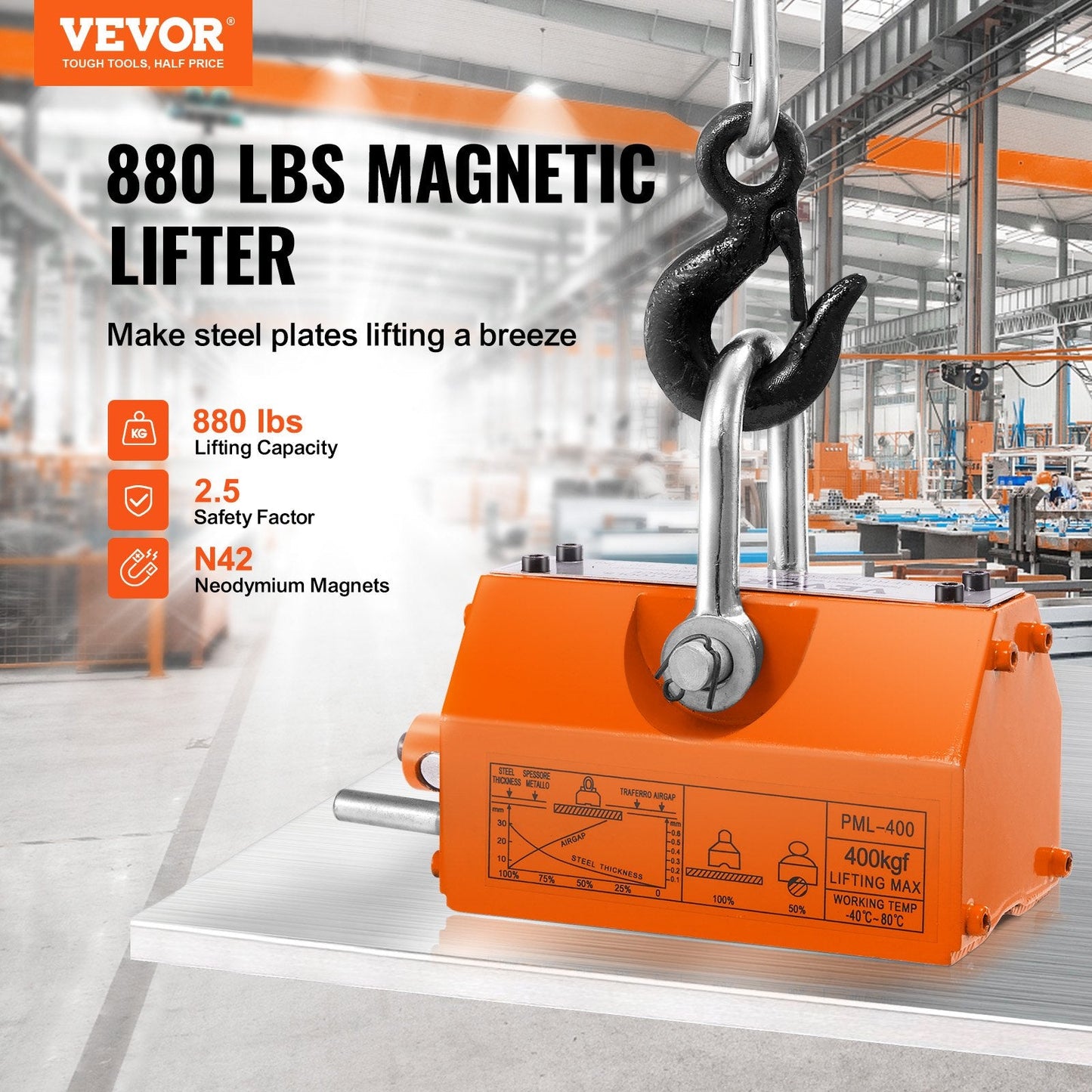 Magnetic Lifter, 400 kg/880 lbs Pulling Capacity, 2.5 Safety Factor, Neodymium & Steel, Lifting Magnet with Release, Permanent Lift Magnets, Heavy Duty Magnet for Hoist, Shop Crane, Block, Board