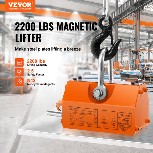 Magnetic Lifter, 1000kg Pulling Capacity, 2.5 Safety Factor, Neodymium & Steel, Lifting Magnet with Release, Permanent Lift Magnets, Heavy Duty Magnet for Hoist, Shop Crane, Block, Board