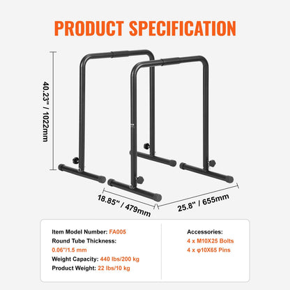 Dip Bars, 200 kg Capacity, Heave Duty Dip Stand Station with Adjustable Height, Fitness Workout Dip Bar Station Stabilizer Parallette Push Up Stand, Parallel Bars for Strength Training Home Gym.