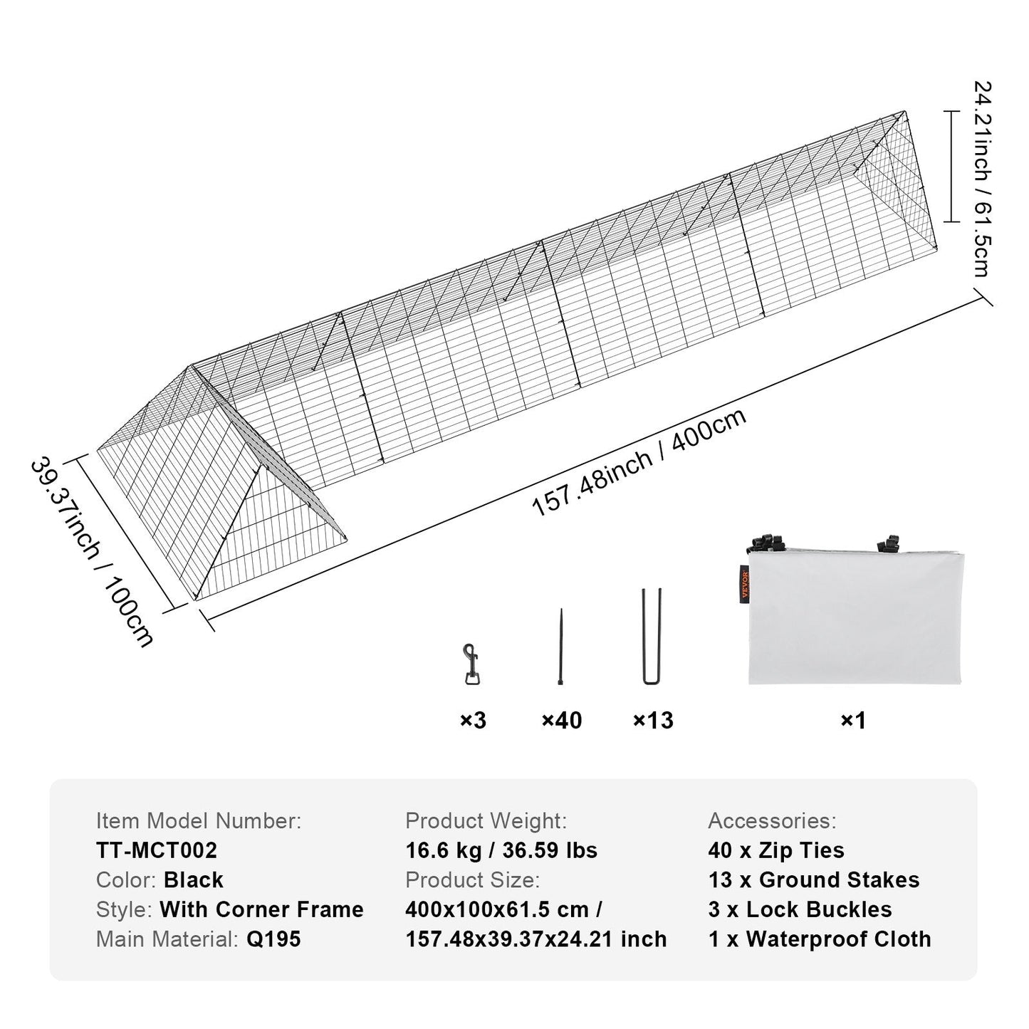 Chicken Tunnels, 400x100x61.5 cm(LxWxH) Chicken Tunnels for Yard, Portable Chicken Tunnels for Outside with Corner Frames, Chicken Coop Run, Suitable for Chickens, Ducks, Rabbits