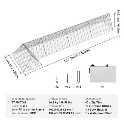 Chicken Tunnels, 400x100x61.5 cm(LxWxH) Chicken Tunnels for Yard, Portable Chicken Tunnels for Outside with Corner Frames, Chicken Coop Run, Suitable for Chickens, Ducks, Rabbits