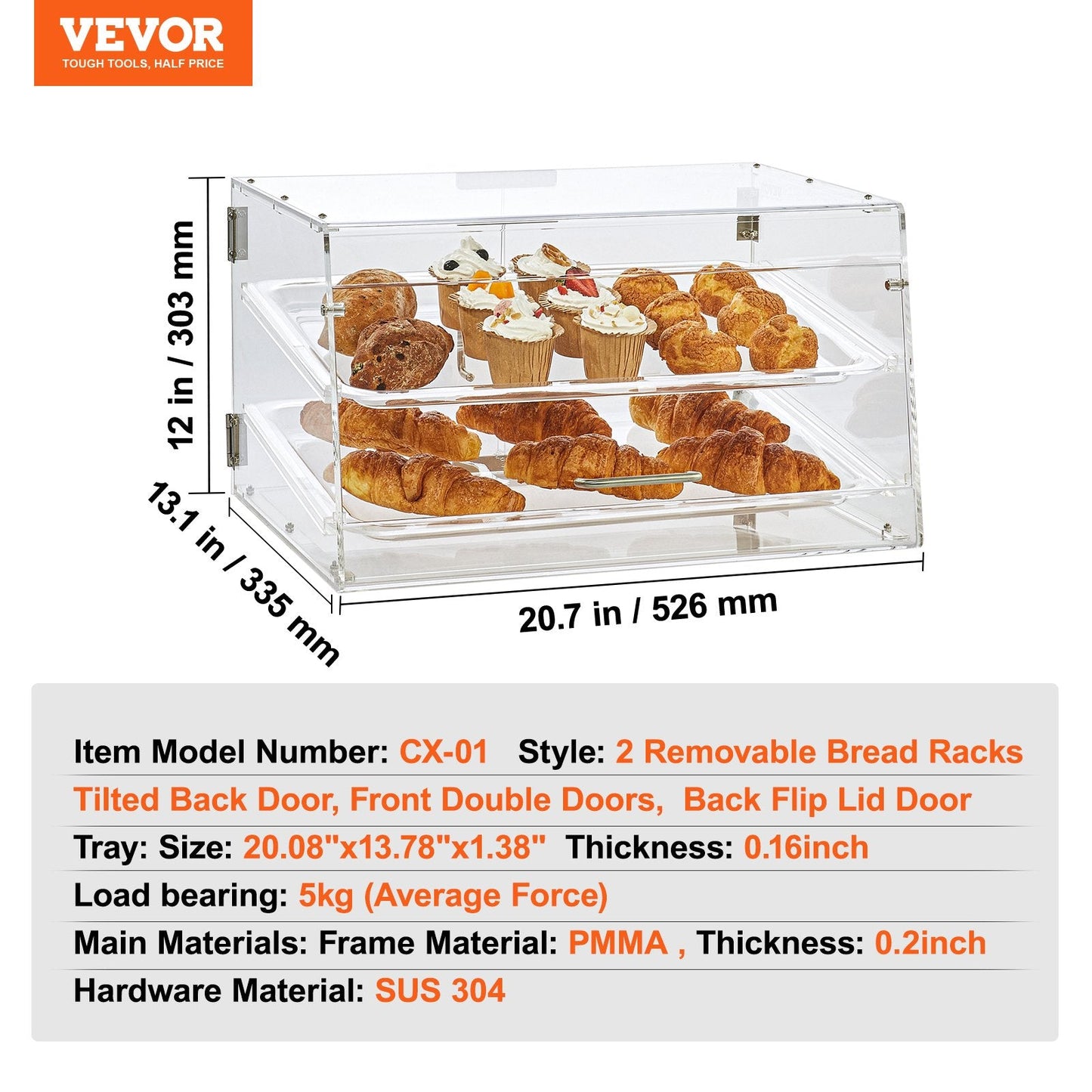Pastry Display Case, 2-Tier Commercial Countertop Bakery Display Case, Acrylic Display Box with Rear Door Access & Removable Shelves, Keep Fresh for Donut Bagels Cake Cookie