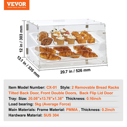 Pastry Display Case, 2-Tier Commercial Countertop Bakery Display Case, Acrylic Display Box with Rear Door Access & Removable Shelves, Keep Fresh for Donut Bagels Cake Cookie