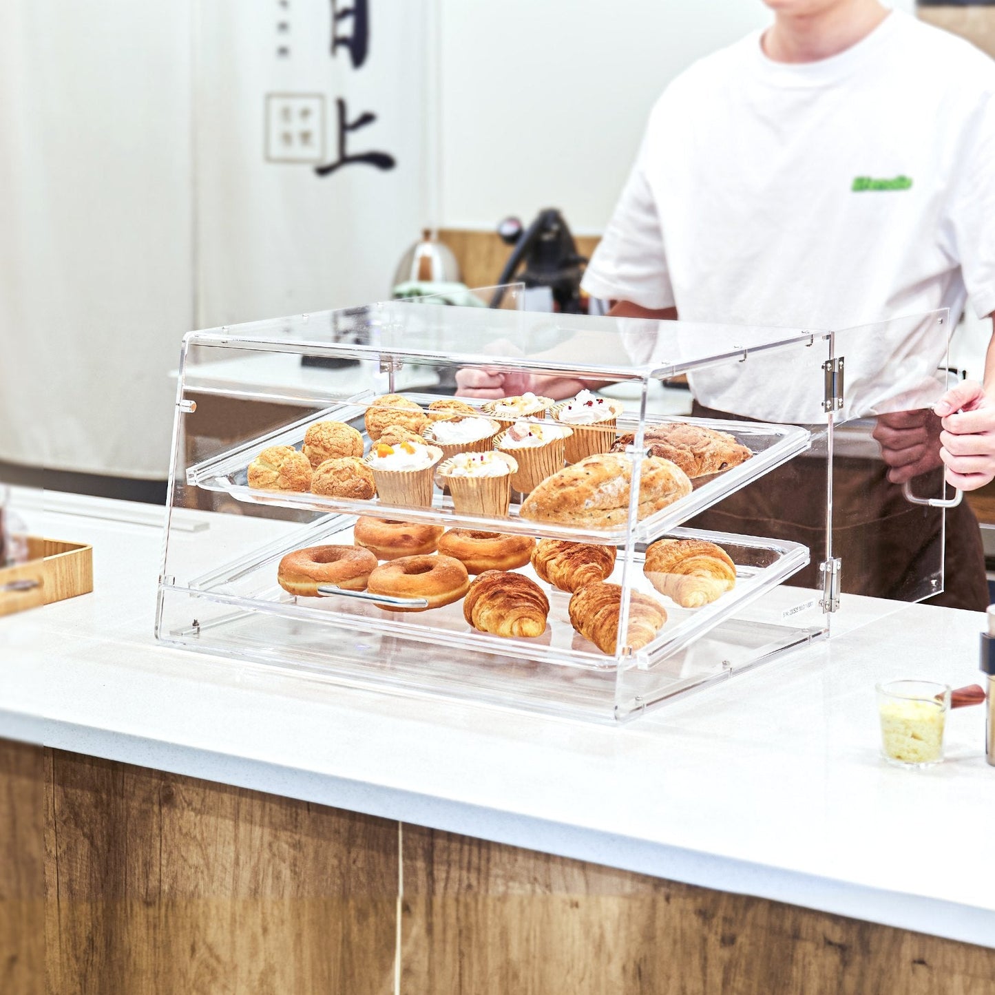 Pastry Display Case, 2-Tier Commercial Countertop Bakery Display Case, Acrylic Display Box with Rear Door Access & Removable Shelves, Keep Fresh for Donut Bagels Cake Cookie