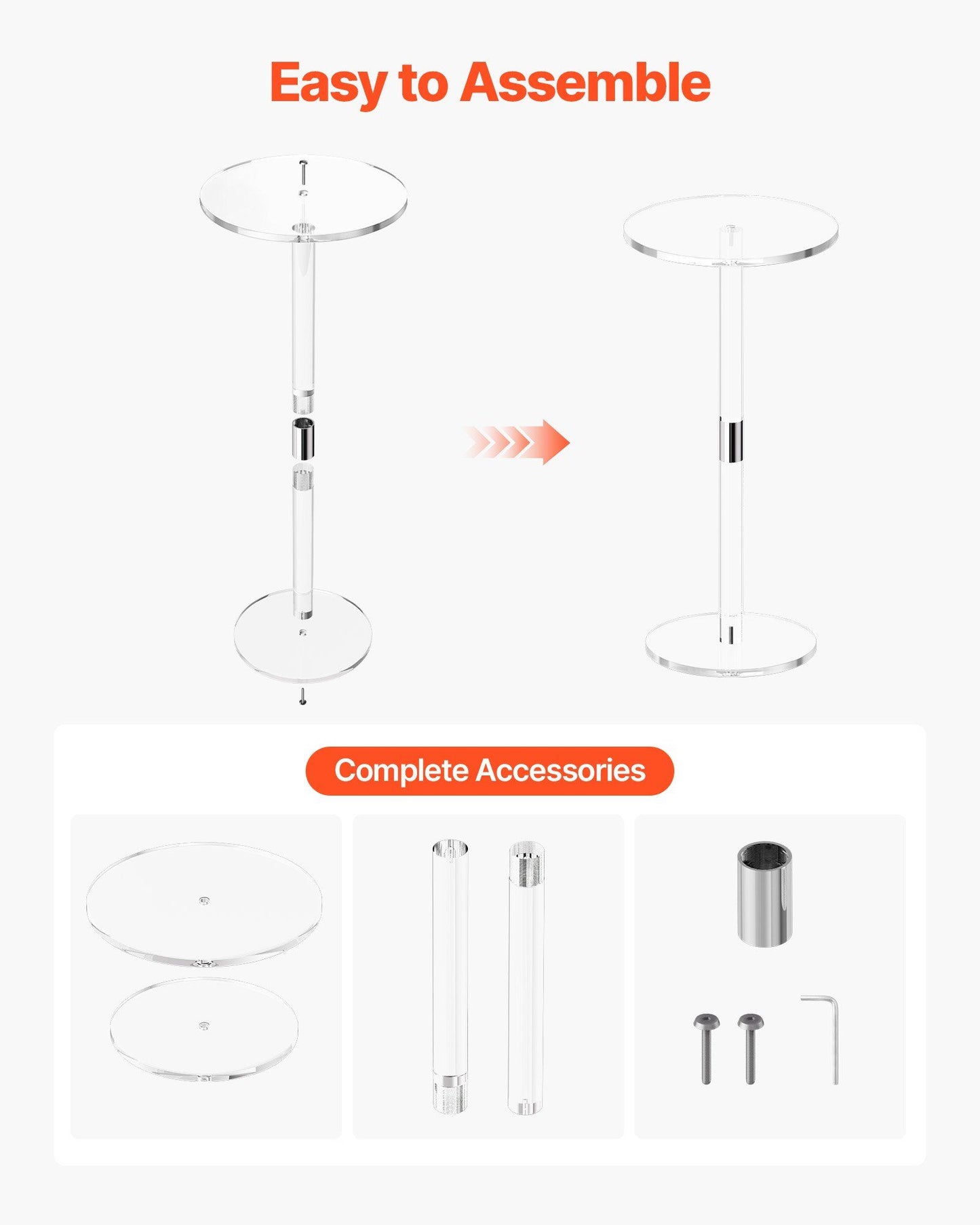 Acrylic Drink Table, Clear End Table Round Top with Solid Post, Modern Acrylic Cake Table Stand, Transparent Side Desk for Coffee, Drink, Food, Snack, Easy Assembly, 25.4 x 25.4 x 54 cm (Clear)