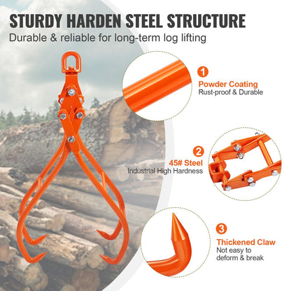 Timber Claw Hook, 36 inch 4 Claw Log Grapple for Logging Tongs, Swivel Steel Log Lifting Tongs, Eagle Claws Design with 3307 lbs/1500 kg Loading Capacity for Tractors, ATVs, Trucks, Forklifts