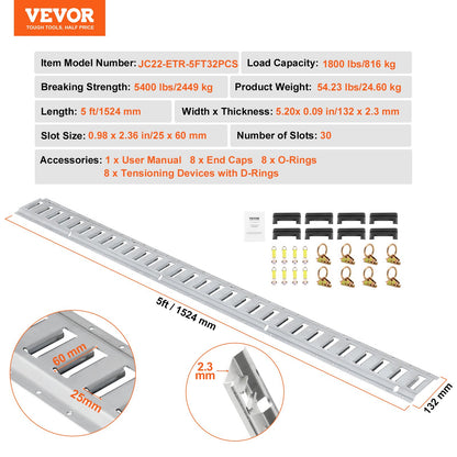 E Track Tie-Down Rail Kit, 24PCS 1524 mm E-Tracks Set Includes 8 Steel Rails & 8 O-Rings & 8 Tie-Offs with D-Ring, Versatile Trailer Securing Accessories for Cargo Motorcycles Bikes, 816 kg Load