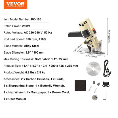 Fabric Cutter, 250W Electric Rotary Fabric Cutting Machine, 1.1" Cutting Thickness, Octagonal Knife, with Replacement Blade and Sharpening Stones, for Multi-Layer Cloth Fabric Leather.