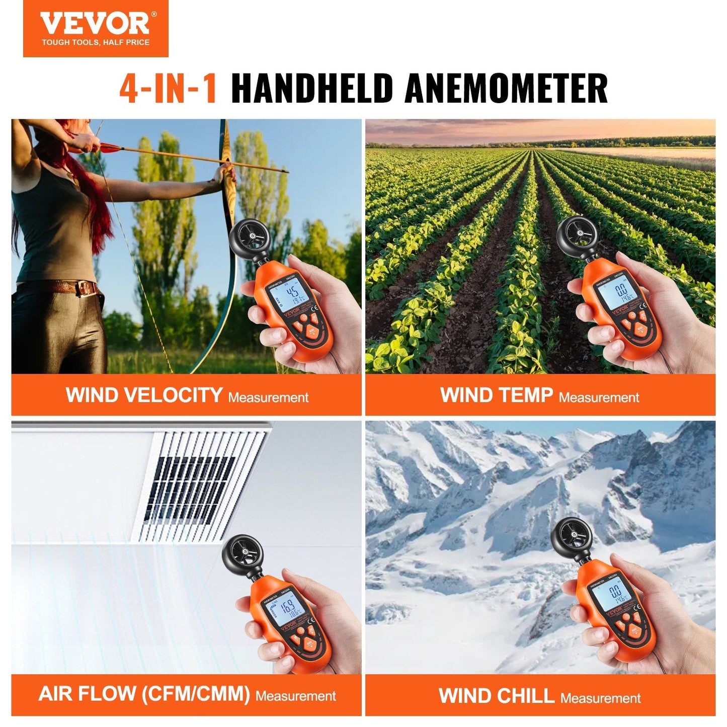 Handheld Anemometer, -10℃ to 45℃, Digital Wind Speed Meter Gauge with LED Backlight Screen, Measures Wind Velocity Wind Temperature Air Flow Wind Chill, for Sailing Surfing Drone Flying HVAC