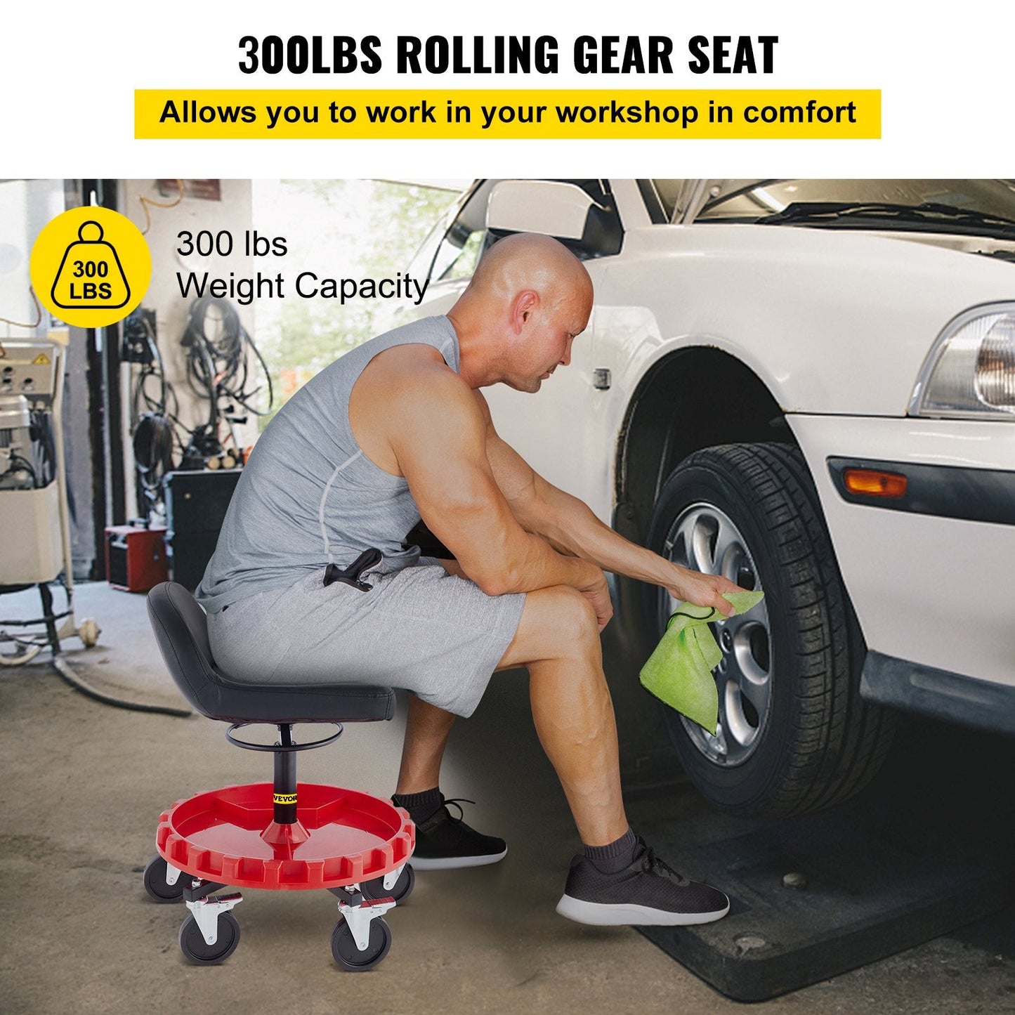 Shop Stool, 135 kg Rolling Garage Stool, 56 cm to 66 cm Adjustable Height Mobile Rolling Gear Seat, Round Tray Garage Pneumatic Stool, All-Terrain 12.7 cm Casters with Two Brakes Mechanic Seat
