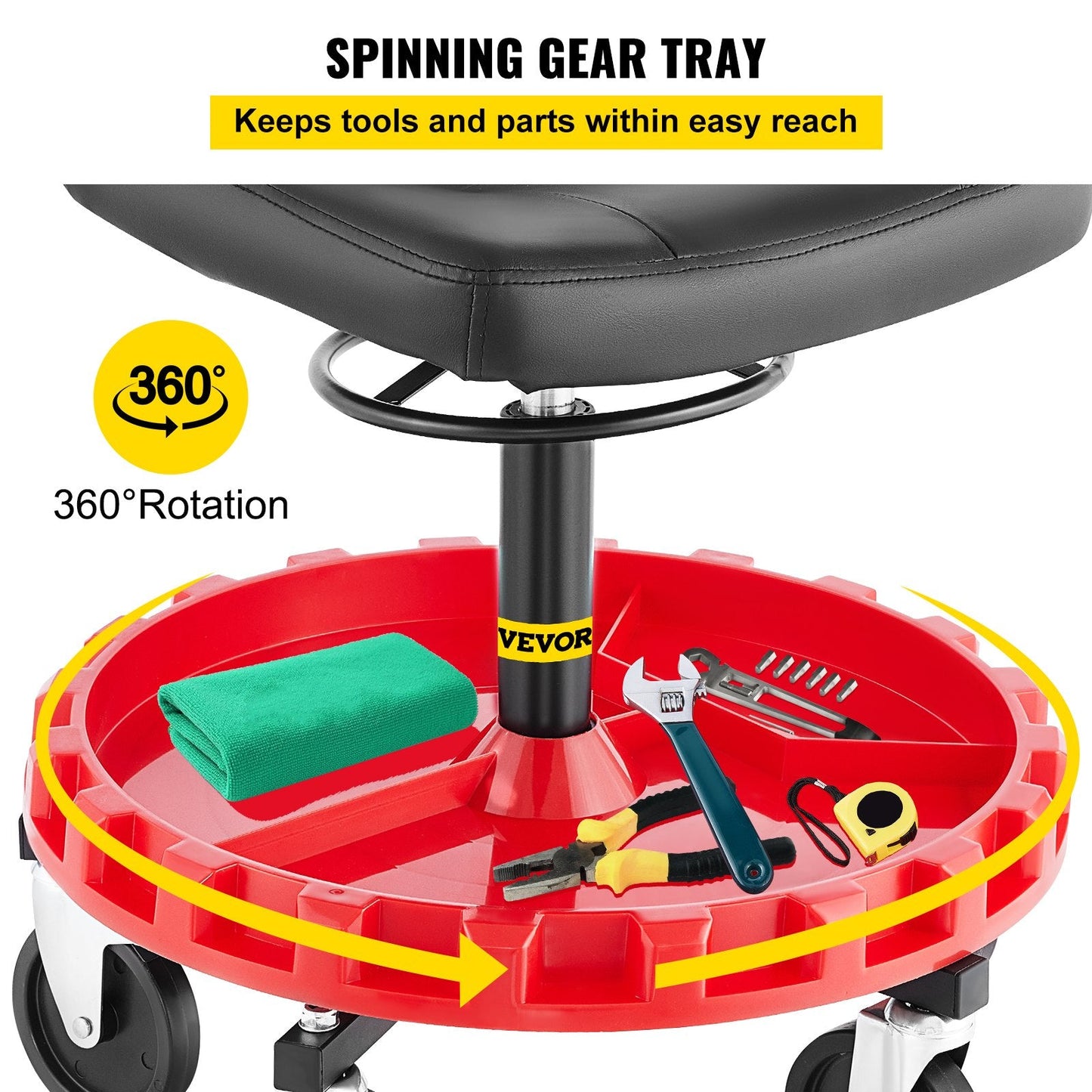 Shop Stool, 135 kg Rolling Garage Stool, 56 cm to 66 cm Adjustable Height Mobile Rolling Gear Seat, Round Tray Garage Pneumatic Stool, All-Terrain 12.7 cm Casters with Two Brakes Mechanic Seat