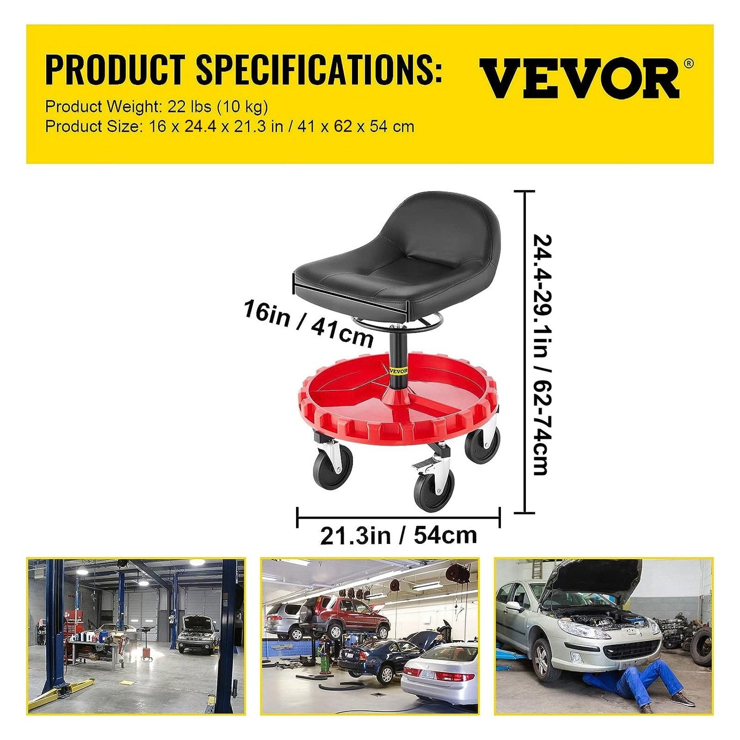 Shop Stool, 135 kg Rolling Garage Stool, 56 cm to 66 cm Adjustable Height Mobile Rolling Gear Seat, Round Tray Garage Pneumatic Stool, All-Terrain 12.7 cm Casters with Two Brakes Mechanic Seat