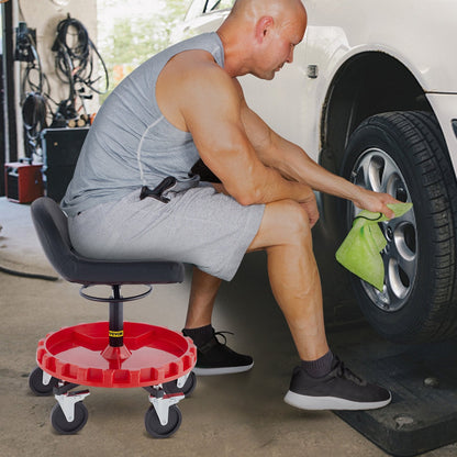 Shop Stool, 135 kg Rolling Garage Stool, 56 cm to 66 cm Adjustable Height Mobile Rolling Gear Seat, Round Tray Garage Pneumatic Stool, All-Terrain 12.7 cm Casters with Two Brakes Mechanic Seat