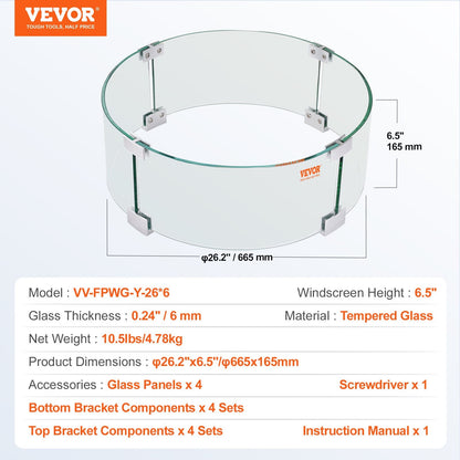 Fire Pit Wind Guard, 26 x 26 x 6 Inch Glass Flame Guard, Round Glass Shield, 1/4-Inch Thick Fire Table, Clear Tempered Glass Flame Guard, Steady Feet Tree Pit Guard for Propane, Gas, Outdoor