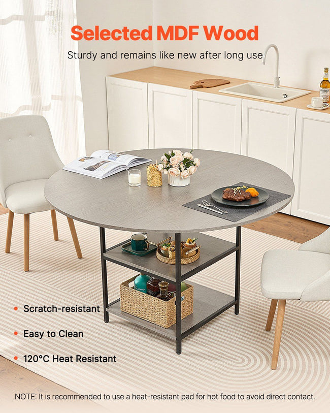 Round Dining Table, 47 inch Wood Table for 4-6 Person, Modern Circle Dinner Furniture, Leisure Tables with Storage Shelf and Metal Legs, for Home Kitchen Living Room, Grey (Only Table) Main Image