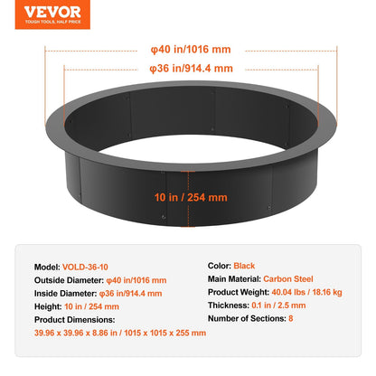Fire Pit Ring, 40-Inch Outer/36-Inch Inner Diameter, 10inch Height 2.5mm Thick Fire Pit Insert, Heavy Duty Carbon Steel Liner DIY Campfire Ring above or In-Ground, for Outdoor Camping, Bonfires