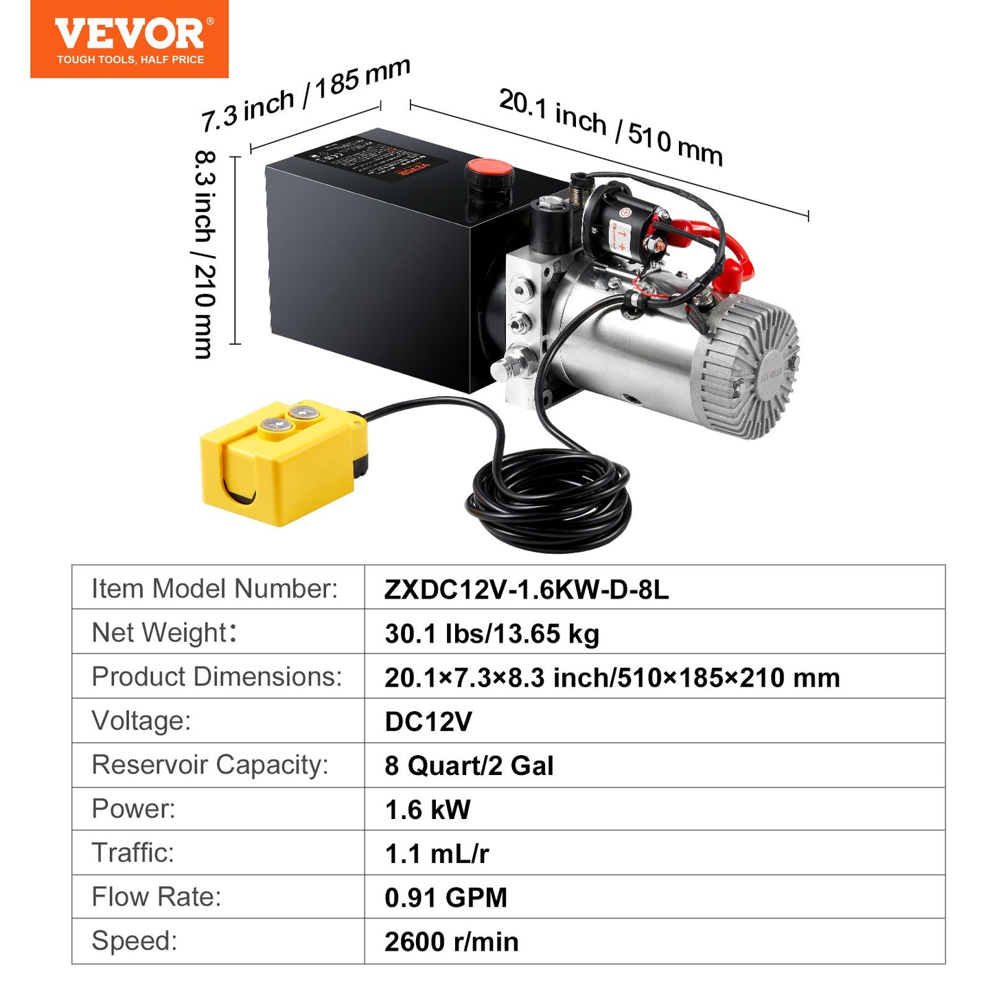 Hydraulic Pump, 8 Quart Hydraulic Power Unit, Single Acting Dump Trailer Pump, 0.91 GPM Flow Rate, 3200 PSI Max Relief Pressure, DC 12V Hydraulic Pump for Dump Trailer Car Lifting