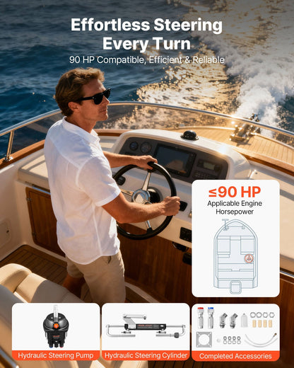 Hydraulic Steering Kit, 90 HP, Hydraulic Steering Helm Pump & Cylinder, with 6.9 MPa/1000 psi Max Working Pressure, Aluminum Alloy Housing, Check Valve, for Outboards Fishing Boats Sailboats