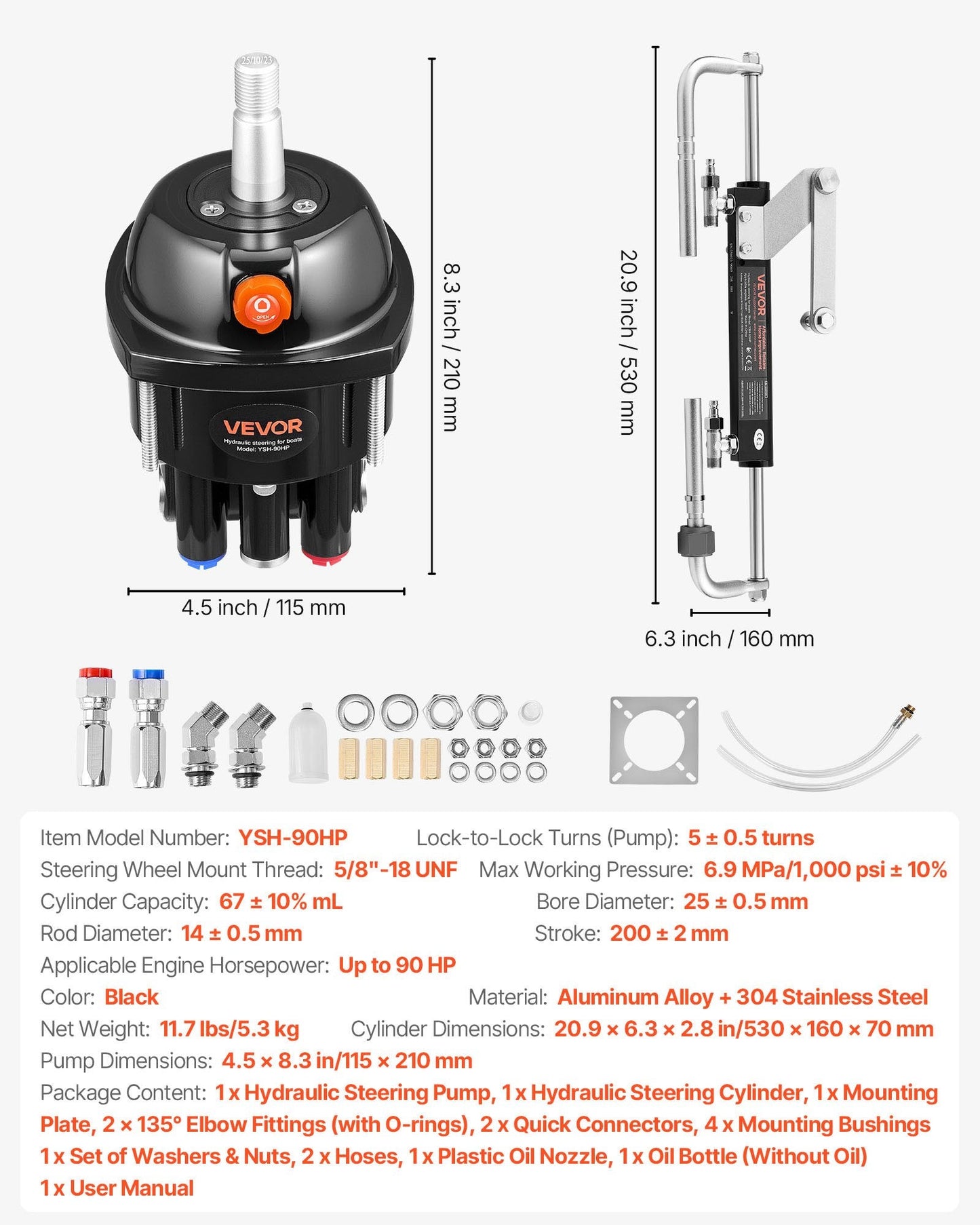 Hydraulic Steering Kit, 90 HP, Hydraulic Steering Helm Pump & Cylinder, with 6.9 MPa/1000 psi Max Working Pressure, Aluminum Alloy Housing, Check Valve, for Outboards Fishing Boats Sailboats