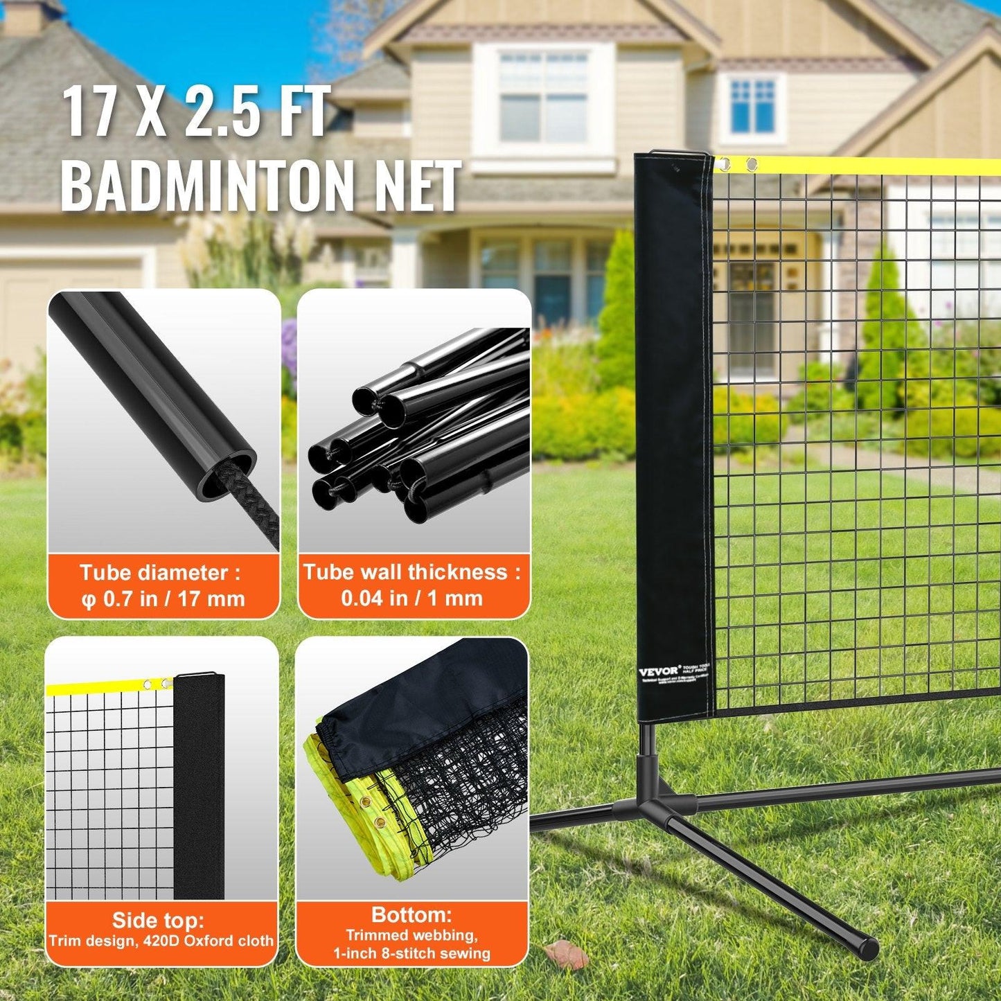 Badminton Net, Height Adjustable Volleyball Net, 17ft Wide Foldable Pickleball Net, Portable Easy Setup Tennis Net Set with Poles, Stand and Carry Bag, for Kids Backyard Game Indoor Outdoor Use.