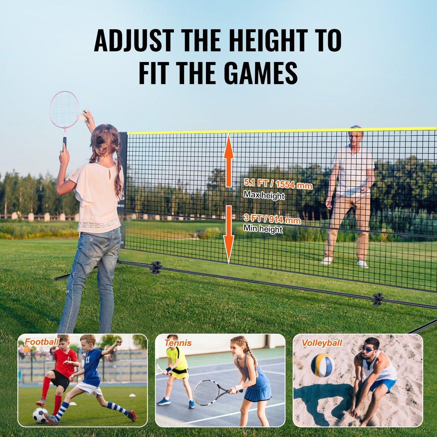 Badminton Net, Height Adjustable Volleyball Net, 17ft Wide Foldable Pickleball Net, Portable Easy Setup Tennis Net Set with Poles, Stand and Carry Bag, for Kids Backyard Game Indoor Outdoor Use.