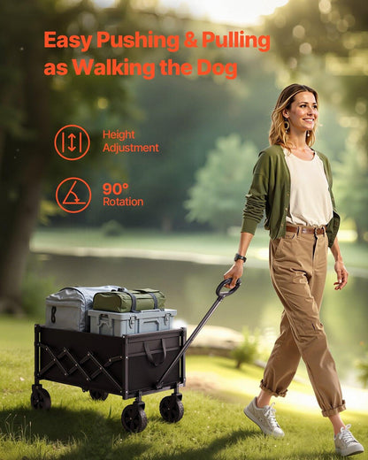 Collapsible Wagon Carts, 120L & 225LBS Folding Wagons with All-Terrain Wheels, Heavy Duty Outdoor Utility Cart with Adjustable Handle, Portable Camping Cart for Beach Grocery Garden Black.