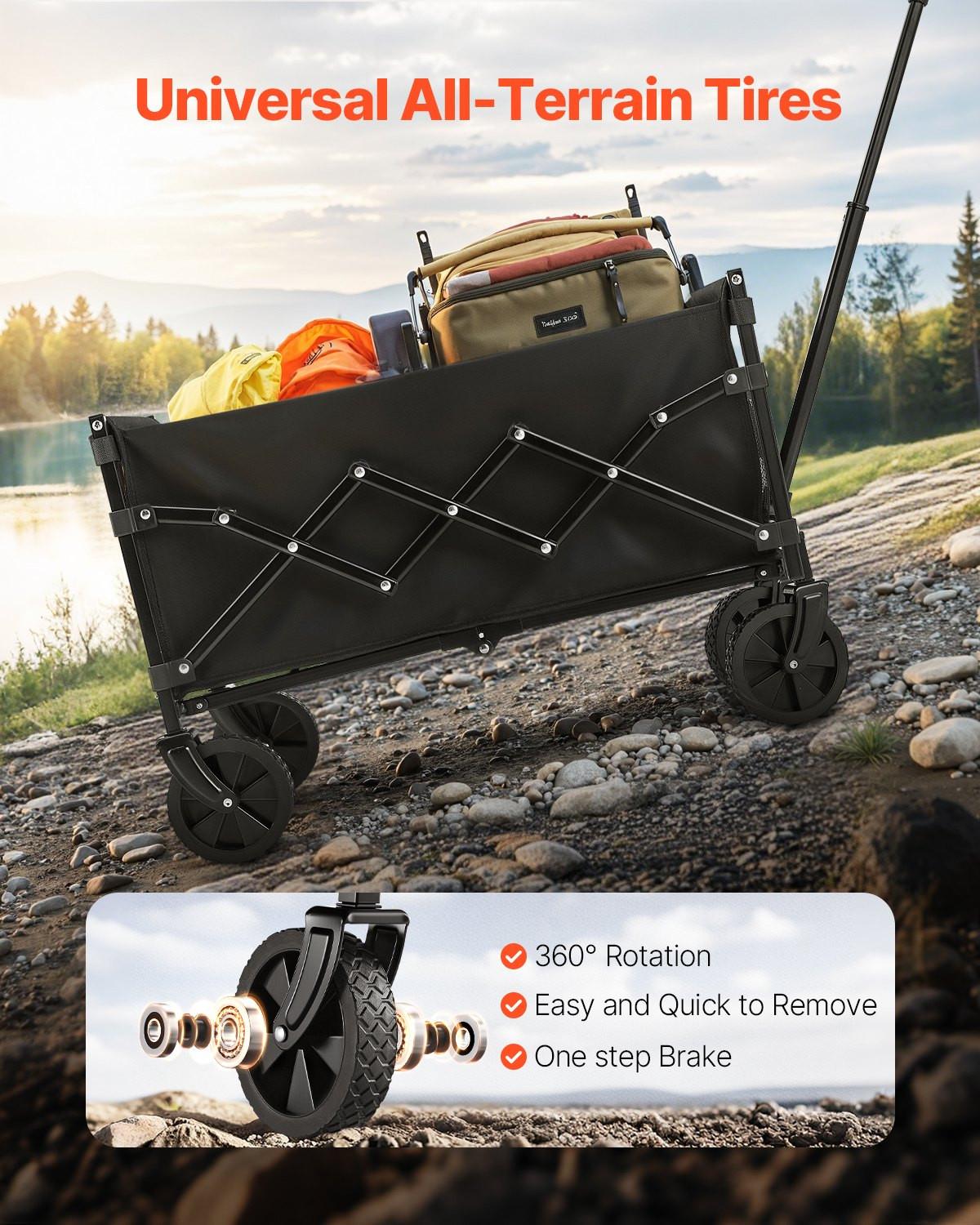 Collapsible Wagon Carts, 120L & 225LBS Folding Wagons with All-Terrain Wheels, Heavy Duty Outdoor Utility Cart with Adjustable Handle, Portable Camping Cart for Beach Grocery Garden Black.