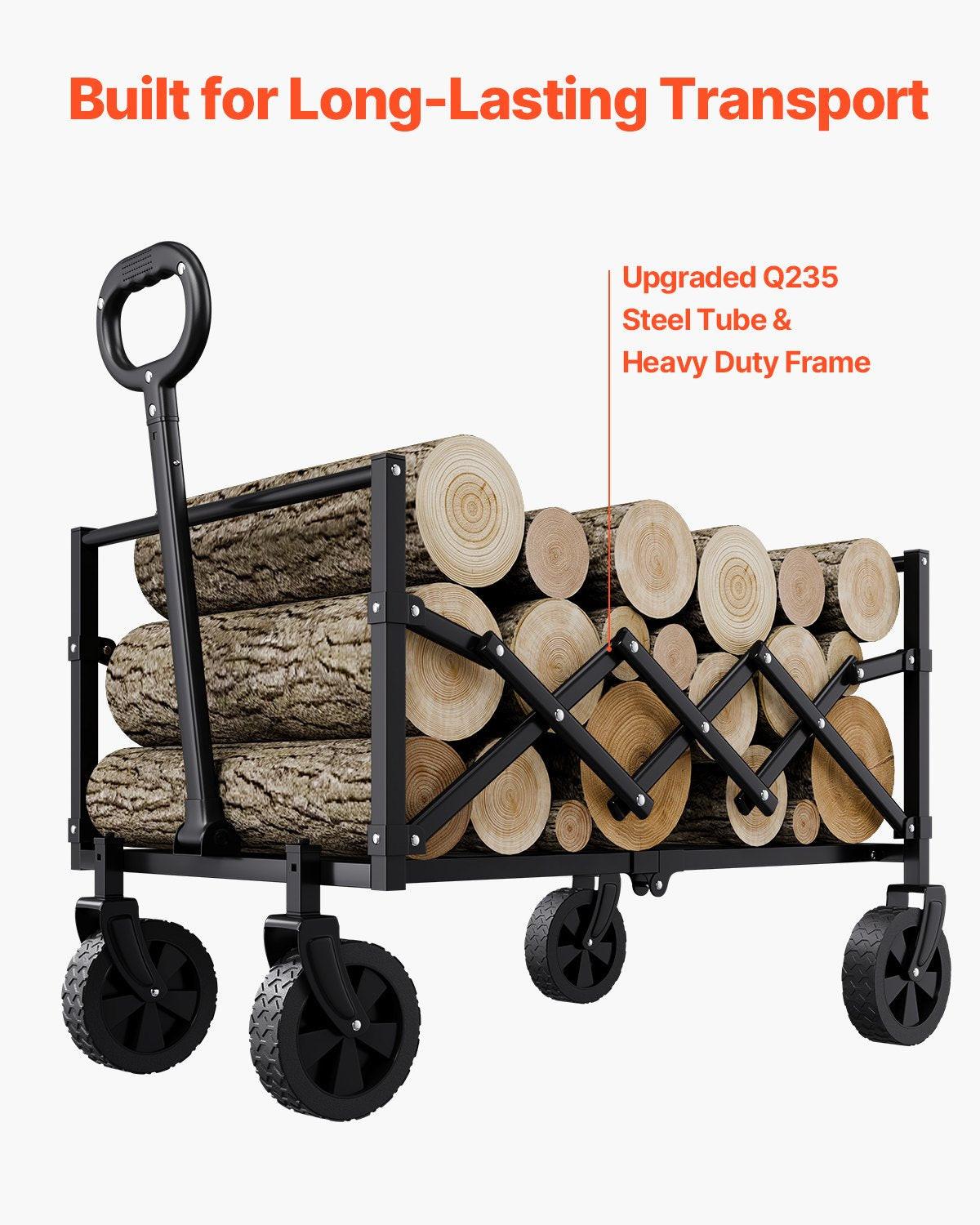 Collapsible Wagon Carts, 120L & 225LBS Folding Wagons with All-Terrain Wheels, Heavy Duty Outdoor Utility Cart with Adjustable Handle, Portable Camping Cart for Beach Grocery Garden Black.