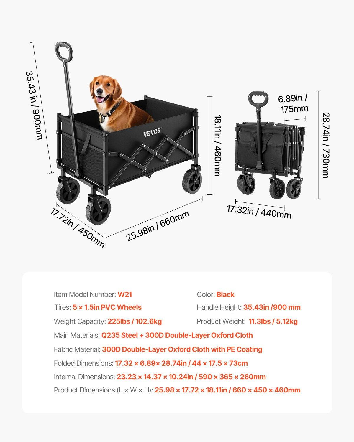 Collapsible Wagon Carts, 120L & 225LBS Folding Wagons with All-Terrain Wheels, Heavy Duty Outdoor Utility Cart with Adjustable Handle, Portable Camping Cart for Beach Grocery Garden Black.
