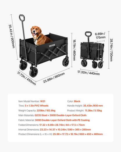 Collapsible Wagon Carts, 120L & 225LBS Folding Wagons with All-Terrain Wheels, Heavy Duty Outdoor Utility Cart with Adjustable Handle, Portable Camping Cart for Beach Grocery Garden Black.