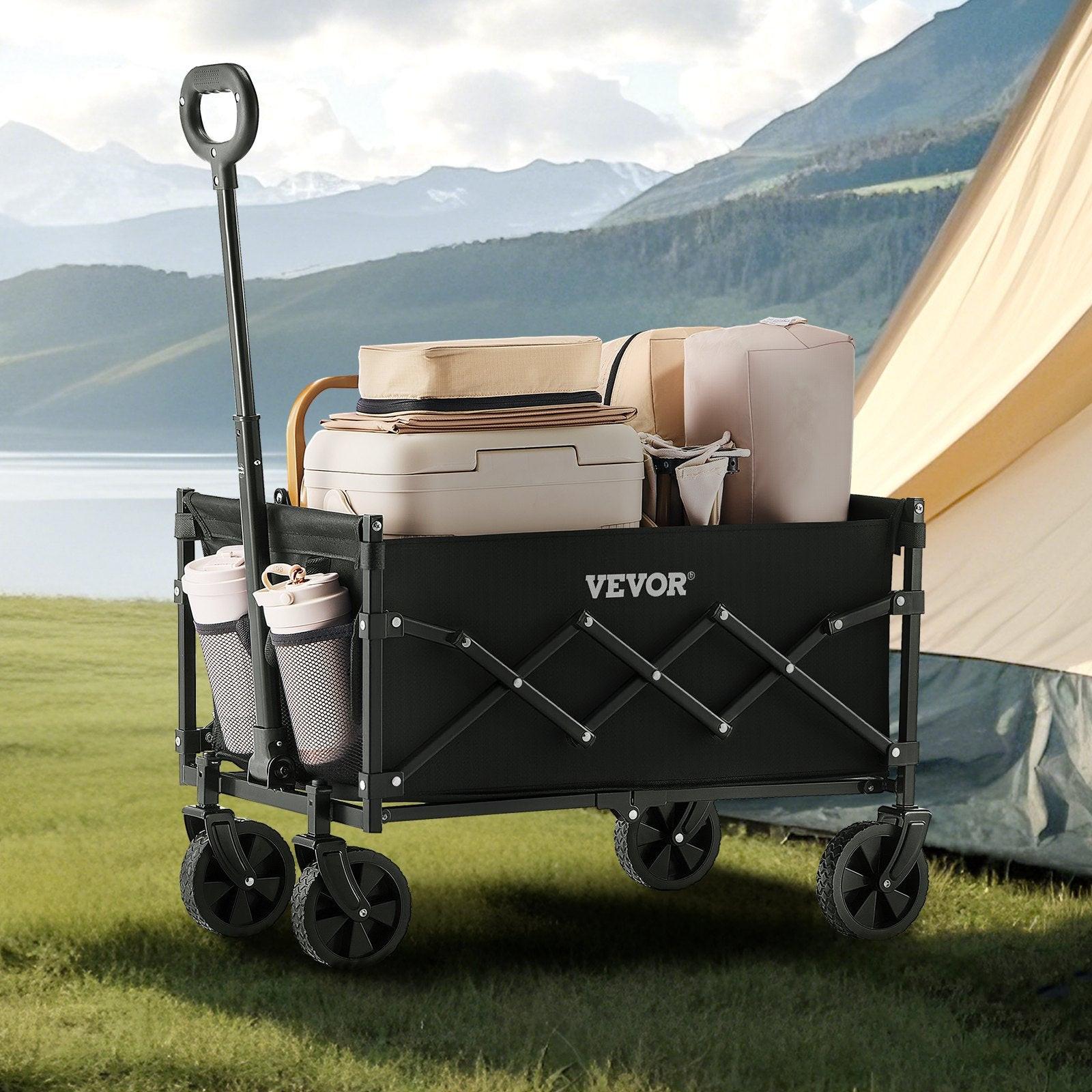 Collapsible Wagon Carts, 120L & 225LBS Folding Wagons with All-Terrain Wheels, Heavy Duty Outdoor Utility Cart with Adjustable Handle, Portable Camping Cart for Beach Grocery Garden Black.