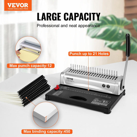 Binding Machine, Comb Binding Machine 21-Holes Binding 450 Sheets, Book Binder Machine with 100 PCS 3/8'' Comb Binding Spines, for Letter Size, A4, A5.