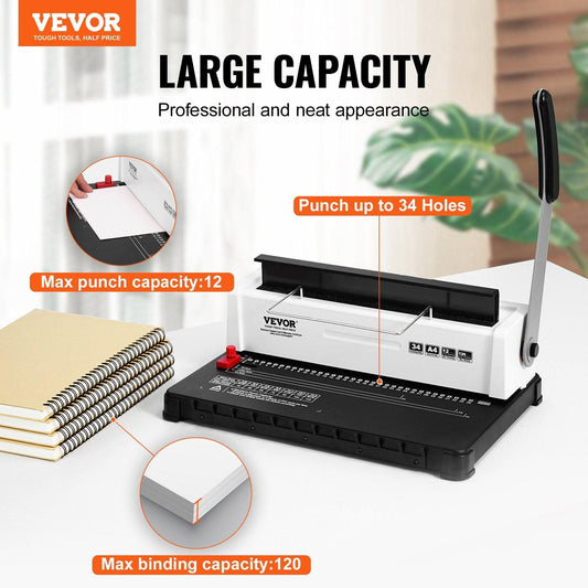 Coil Spiral Binding Machine, Manual Book Maker 34-Holes Binding 120 Sheets, Punch Binder with Adjustable Side Margin, for Letter Size, A4, A5.