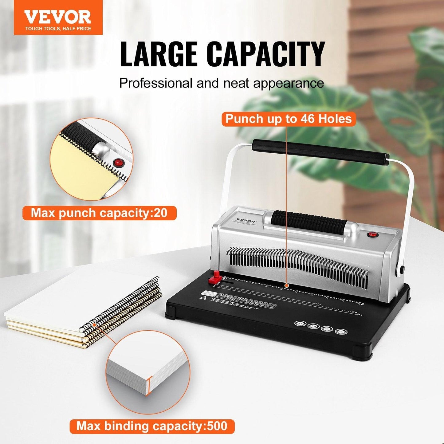 Coil Spiral Binding Machine, Manual Book Maker with Electric Binding, 46-Holes Binding 500 Sheets Punch Binder, with 100pcs 5/16'' Coil Binding Spines, for Letter Size, A4, A5.