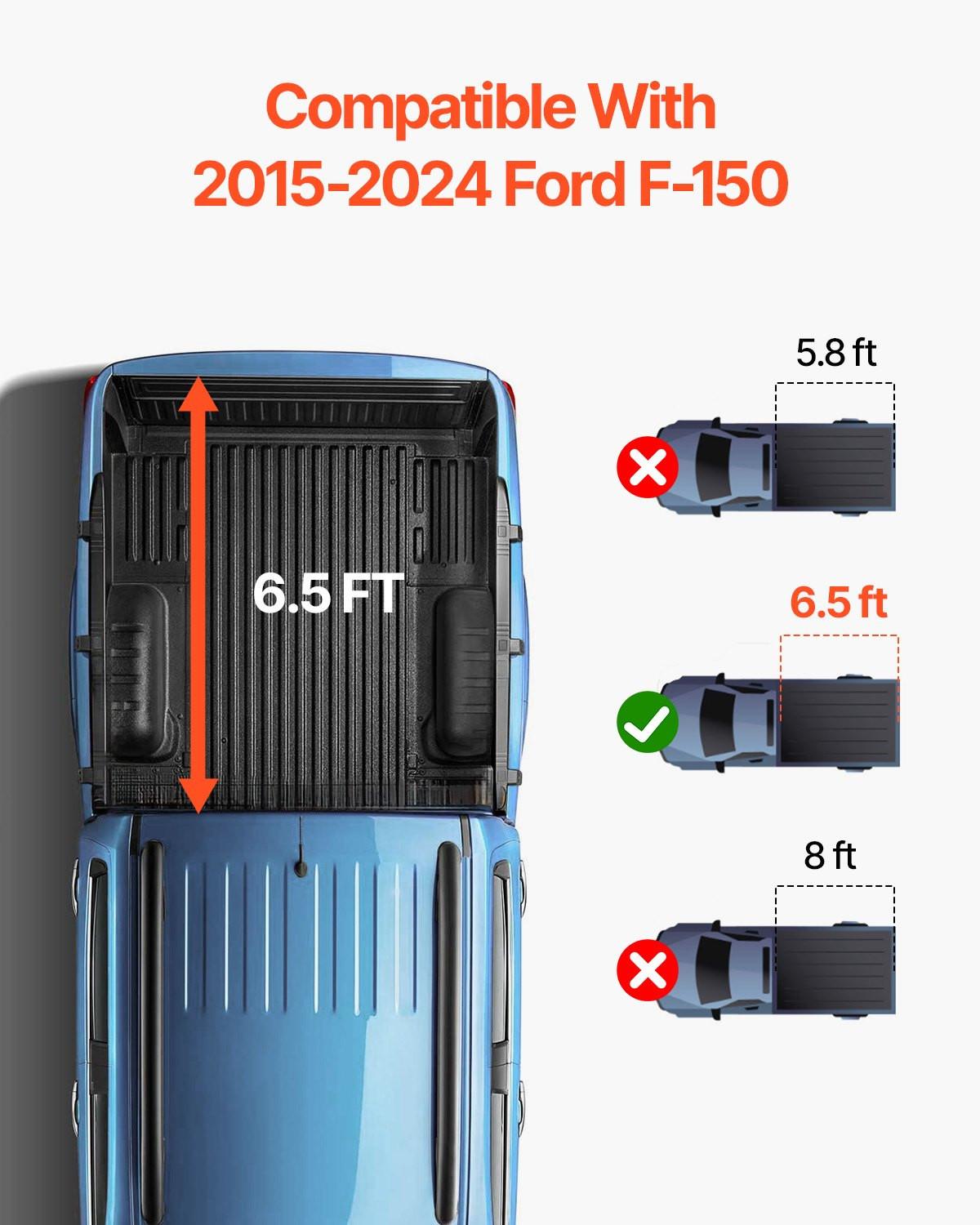 Tri-Fold Truck Bed Tonneau Cover, Compatible with 2015-2024 Ford F-150, 2004 mm Bed, Only Fit 2004 x 1656 mm Inside Bed, 181.4 kg Load Capacity with Built-in LED Light, Quick Folding, Black.