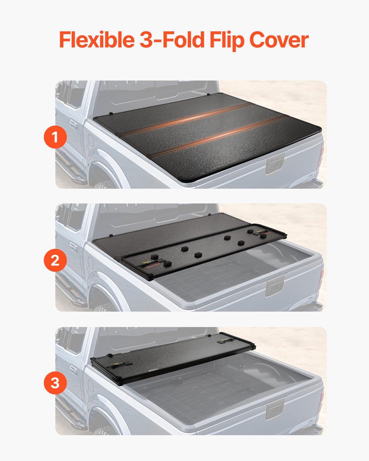 Tri-Fold Truck Bed Tonneau Cover, Compatible with 2015-2024 Ford F-150, 2004 mm Bed, Only Fit 2004 x 1656 mm Inside Bed, 181.4 kg Load Capacity with Built-in LED Light, Quick Folding, Black.