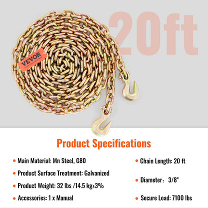 Transport Binder Chain, 220 kg Working Load Limit, 3/8'' x 20' G80 Tow Chain Tie Down with Grab Hooks, DOT Certified, Galvanized Coating Manganese Steel for Dock Factory Construction Site
