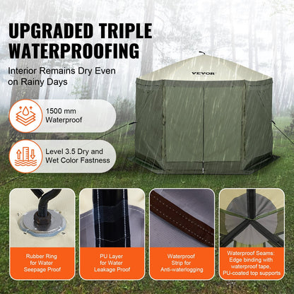 Pop Up Gazebo Tent, Pop-Up Screen Tent 6 Sided Canopy Sun Shelter with 6 Removable Privacy Wind Cloths & Mesh Windows, 10x10FT Quick Set Screen Tent with Mosquito Netting, Army Green