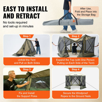 Pop Up Gazebo Tent, Pop-Up Screen Tent 6 Sided Canopy Sun Shelter with 6 Removable Privacy Wind Cloths & Mesh Windows, 10x10FT Quick Set Screen Tent with Mosquito Netting, Army Green