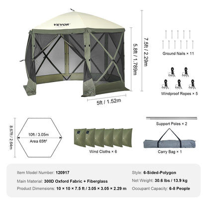 Pop Up Gazebo Tent, Pop-Up Screen Tent 6 Sided Canopy Sun Shelter with 6 Removable Privacy Wind Cloths & Mesh Windows, 10x10FT Quick Set Screen Tent with Mosquito Netting, Army Green
