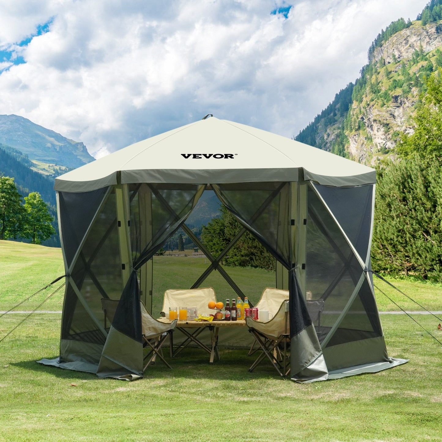 Pop Up Gazebo Tent, Pop-Up Screen Tent 6 Sided Canopy Sun Shelter with 6 Removable Privacy Wind Cloths & Mesh Windows, 10x10FT Quick Set Screen Tent with Mosquito Netting, Army Green