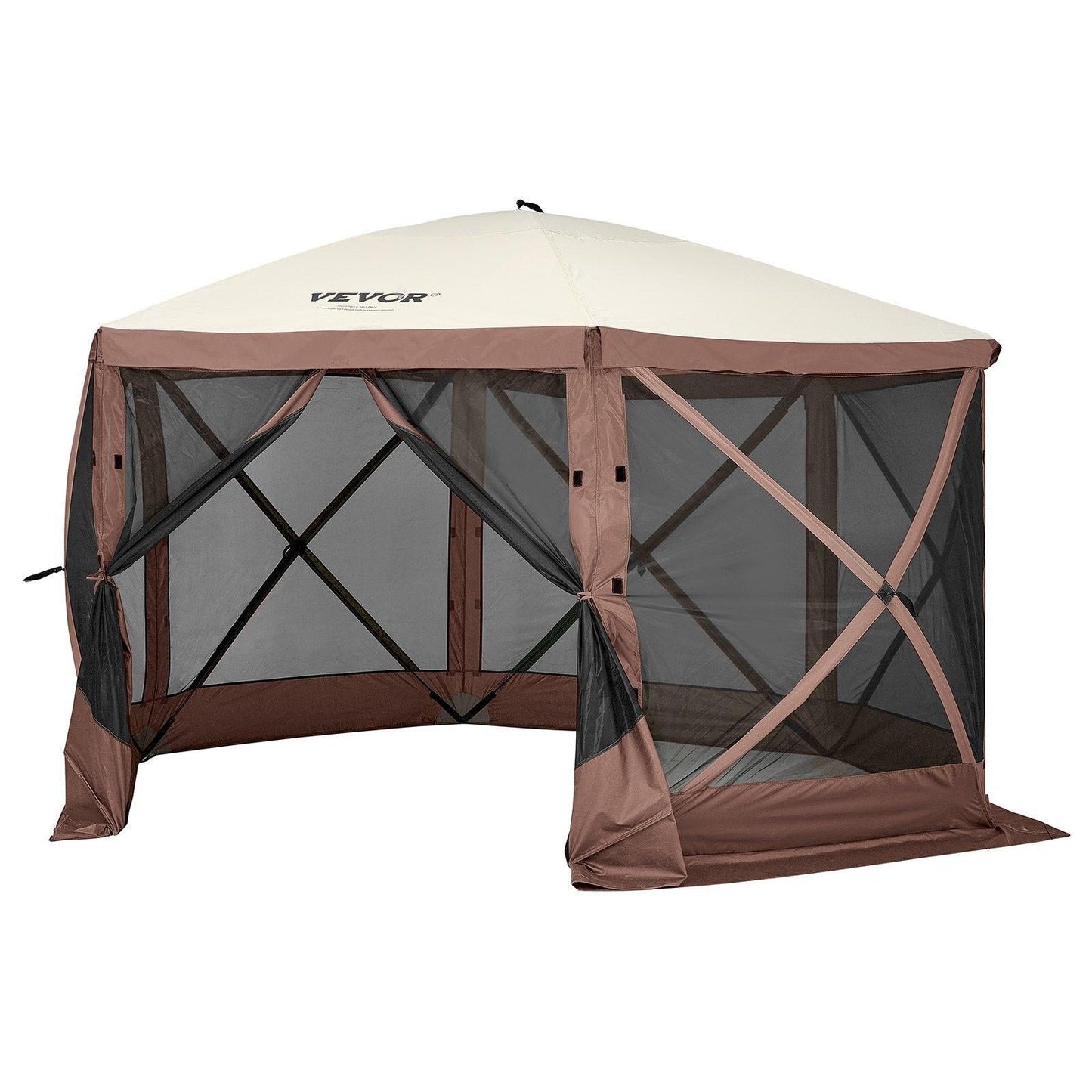Pop Up Gazebo Tent, Pop-Up Screen Tent 6 Sided Canopy Sun Shelter with 6 Removable Privacy Wind Cloths & Mesh Windows, 11.5x11.5FT Quick Set Screen Tent with Mosquito Netting, Brown.