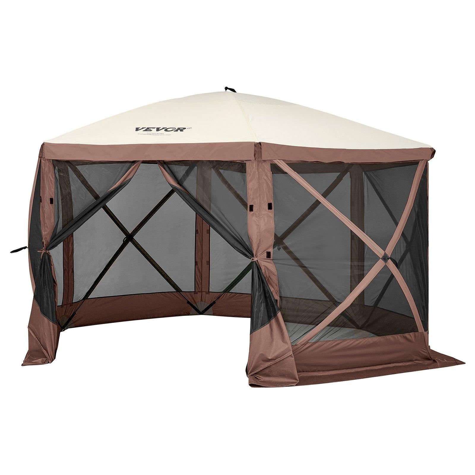 Pop Up Gazebo Tent, Pop-Up Screen Tent 6 Sided Canopy Sun Shelter with 6 Removable Privacy Wind Cloths & Mesh Windows, 11.5x11.5FT Quick Set Screen Tent with Mosquito Netting, Brown.