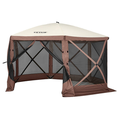 Pop Up Gazebo Tent, Pop-Up Screen Tent 6 Sided Canopy Sun Shelter with 6 Removable Privacy Wind Cloths & Mesh Windows, 11.5x11.5FT Quick Set Screen Tent with Mosquito Netting, Brown.