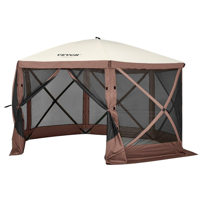 Pop Up Gazebo Tent, Pop-Up Screen Tent 6 Sided Canopy Sun Shelter with 6 Removable Privacy Wind Cloths & Mesh Windows, 11.5x11.5FT Quick Set Screen Tent with Mosquito Netting, Brown. Hover Image