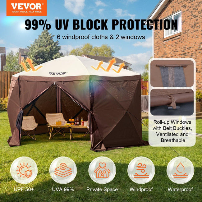 Pop Up Gazebo Tent, Pop-Up Screen Tent 6 Sided Canopy Sun Shelter with 6 Removable Privacy Wind Cloths & Mesh Windows, 11.5x11.5FT Quick Set Screen Tent with Mosquito Netting, Brown Main Image