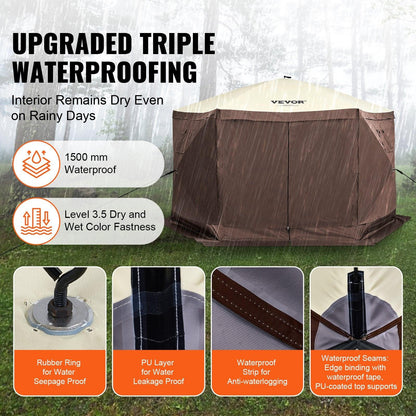 Pop Up Gazebo Tent, Pop-Up Screen Tent 6 Sided Canopy Sun Shelter with 6 Removable Privacy Wind Cloths & Mesh Windows, 11.5x11.5FT Quick Set Screen Tent with Mosquito Netting, Brown.
