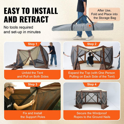Pop Up Gazebo Tent, Pop-Up Screen Tent 6 Sided Canopy Sun Shelter with 6 Removable Privacy Wind Cloths & Mesh Windows, 11.5x11.5FT Quick Set Screen Tent with Mosquito Netting, Brown.
