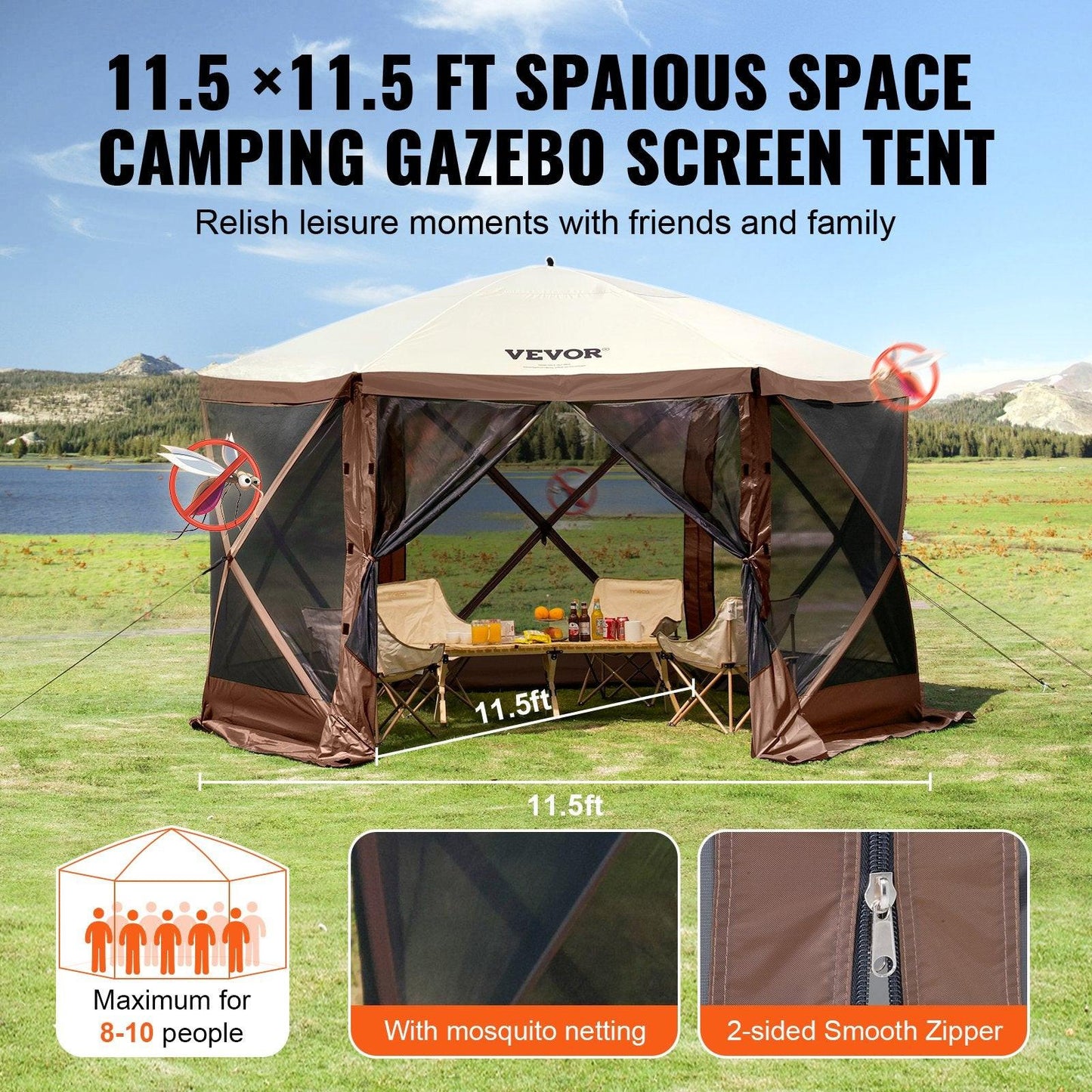 Pop Up Gazebo Tent, Pop-Up Screen Tent 6 Sided Canopy Sun Shelter with 6 Removable Privacy Wind Cloths & Mesh Windows, 11.5x11.5FT Quick Set Screen Tent with Mosquito Netting, Brown.