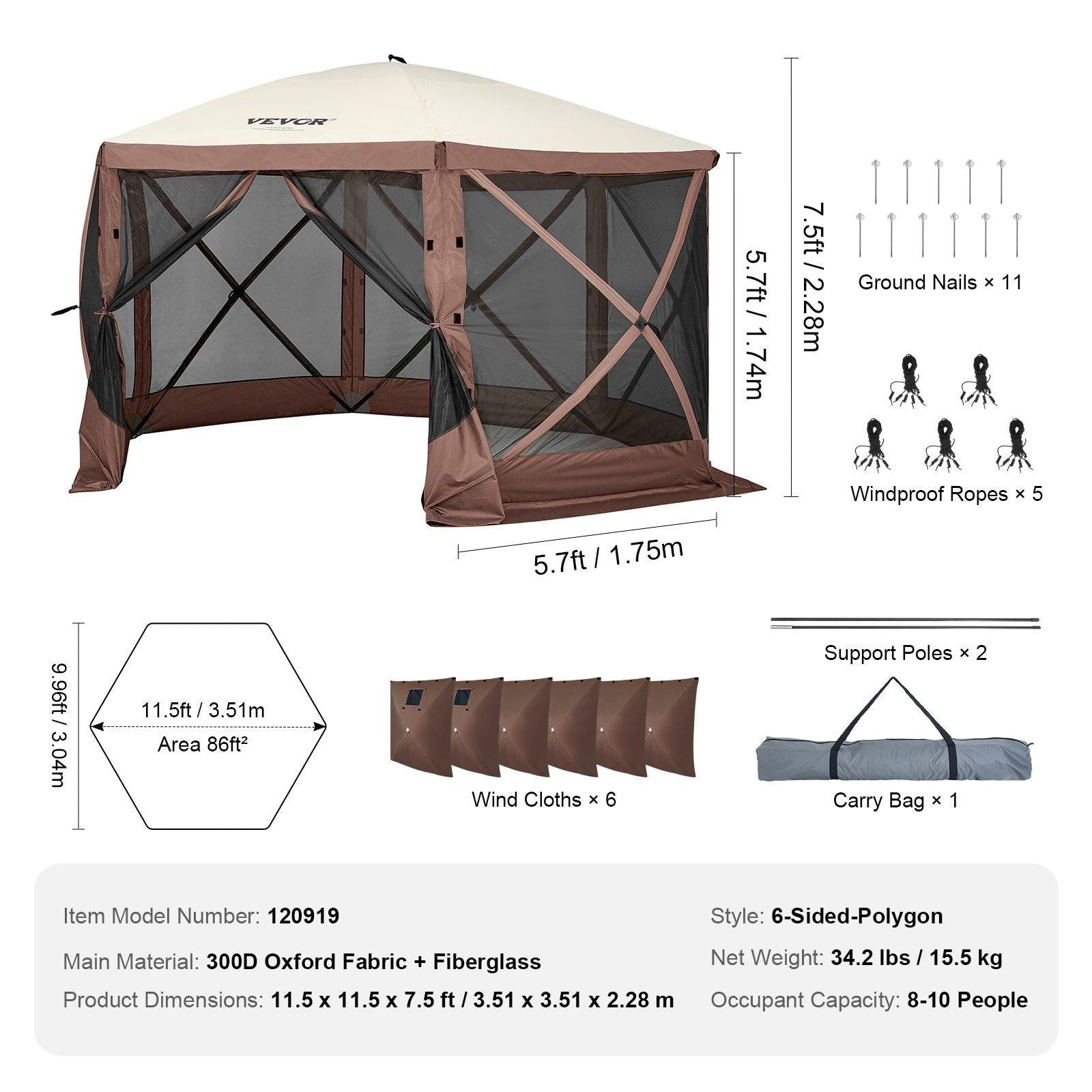 Pop Up Gazebo Tent, Pop-Up Screen Tent 6 Sided Canopy Sun Shelter with 6 Removable Privacy Wind Cloths & Mesh Windows, 11.5x11.5FT Quick Set Screen Tent with Mosquito Netting, Brown.